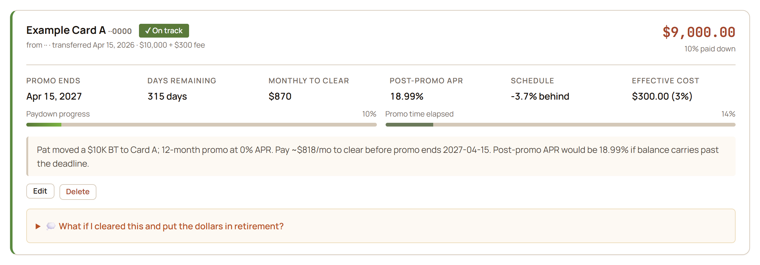 GlidePath Money Balance Transfers screen showing an active 0% APR promo card with days remaining, monthly payment to clear, post-promo APR, and paydown progress.