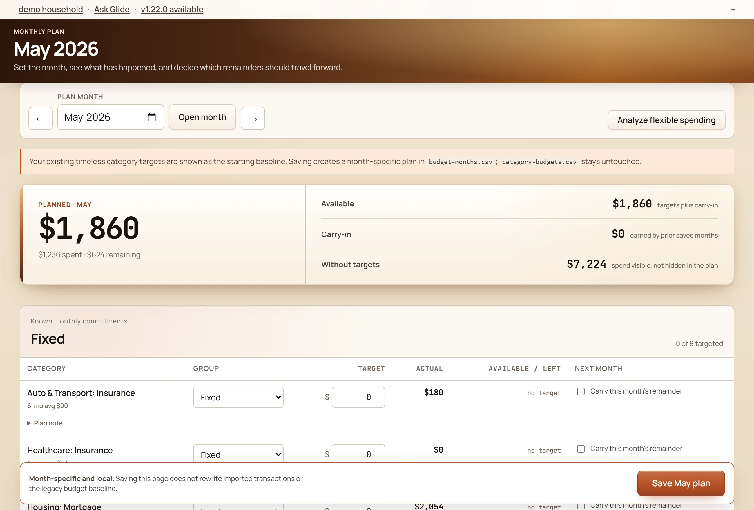 GlidePath Money month-native budget for May 2026 on a fictional demo household: a planned total of $1,860 with spent and remaining amounts, carry-in, spending without targets kept visible, and per-category rows with targets, actuals, and a carry-this-month's-remainder choice.
