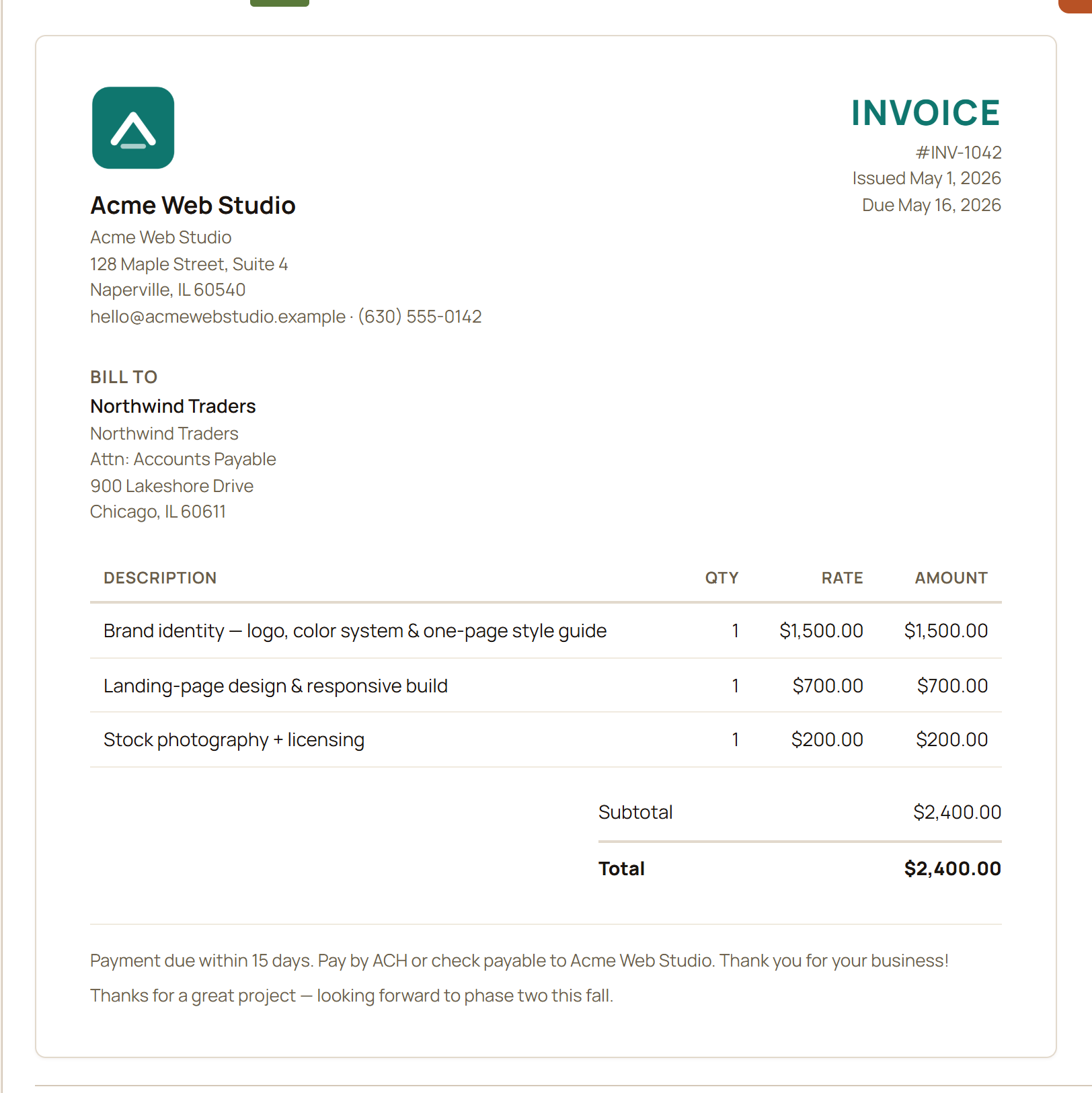 GlidePath Money invoice preview for Acme Web Studio billing Northwind Traders, with five numbered markers: business identity, invoice number and dates, the bill-to client, the line items, and the total.
