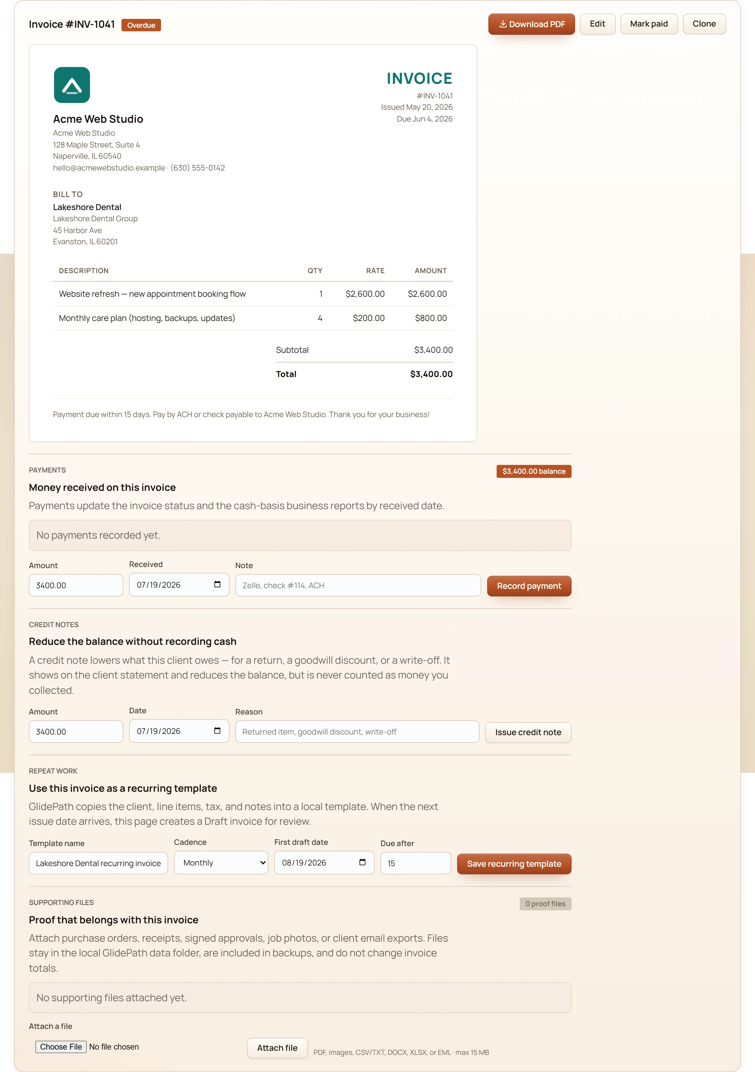 Invoice creator showing a branded invoice preview with line items and totals, payment recording, and a Download PDF button.
