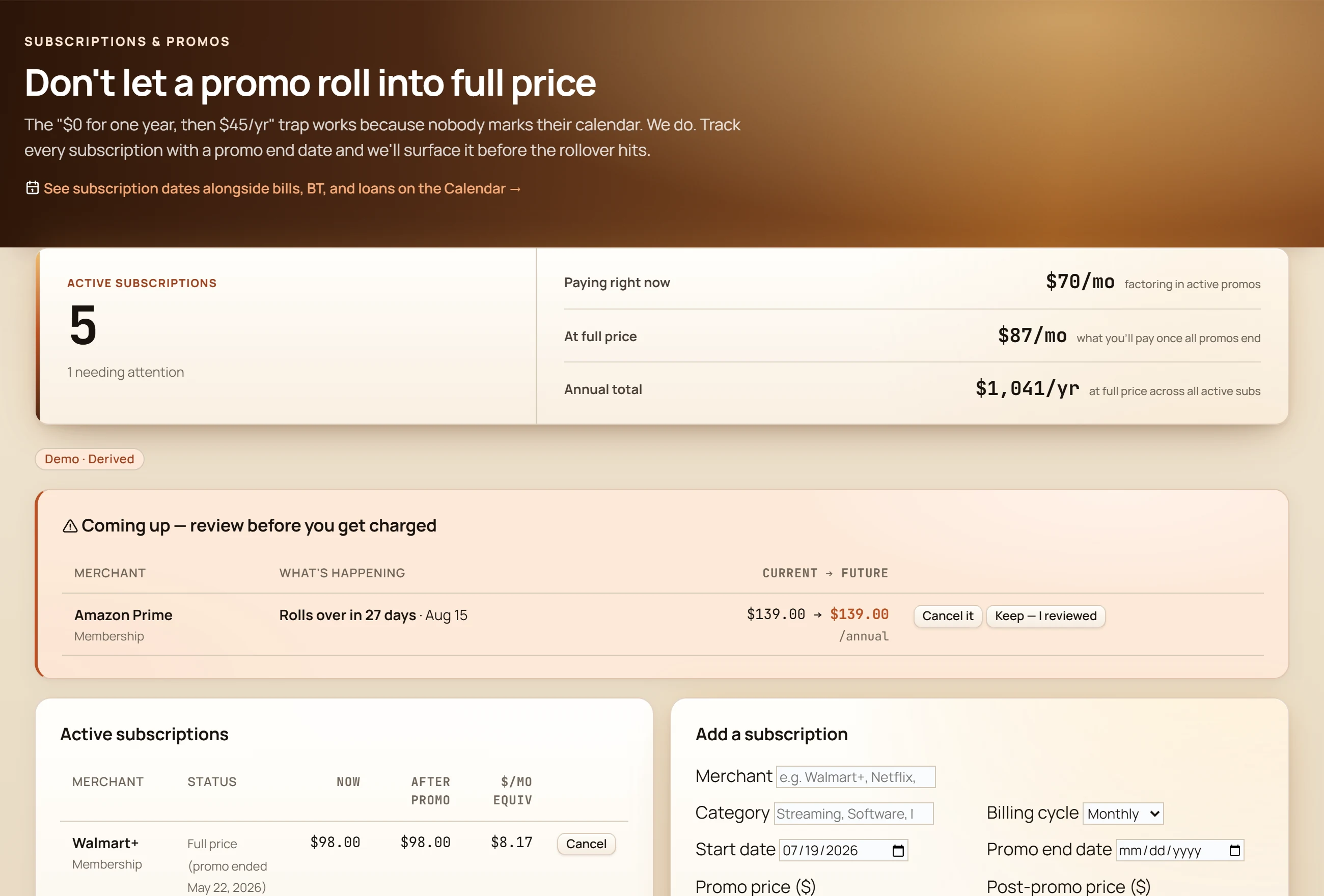 GlidePath Money Subscriptions screen with five numbered markers: the active-subscription count, the now-vs-full-price totals, the 'Coming up' rollover warning, the current-and-future price at rollover, and the one-click cancel/keep actions.