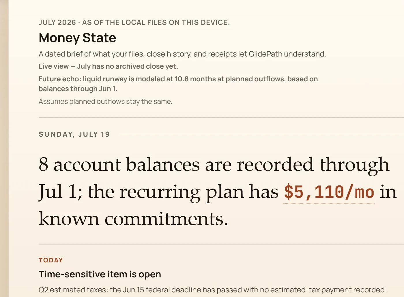 Detail from the GlidePath Money home screen for a fictional demo household: a July 2026 dateline, the Money State heading, a modeled 10.8-month liquid runway with its assumption stated, and a Sunday July 19 line reading that 8 account balances are recorded through Jul 1 with $5,110 per month in known commitments.